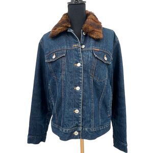 Ralph Lauren Jeans Co Blue Denim Jean Jacket Faux Fur Collar Button Front Womens
